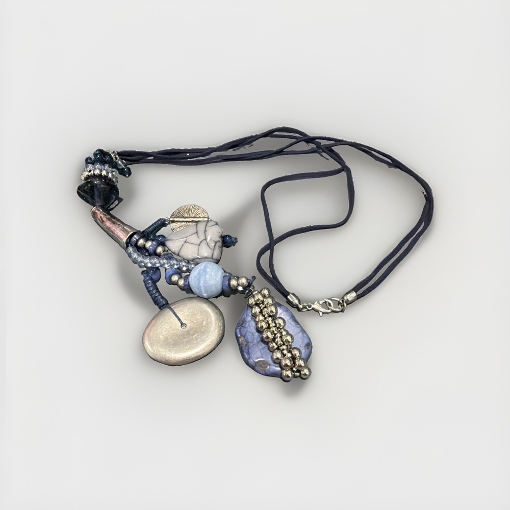 Blue Mixed Media Statement Necklace Faux Suede Glass Metal Acrylic 30" Drop